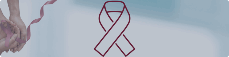 Lazo burdeo sobre fondo informativo para concientización de mieloma múltiple.